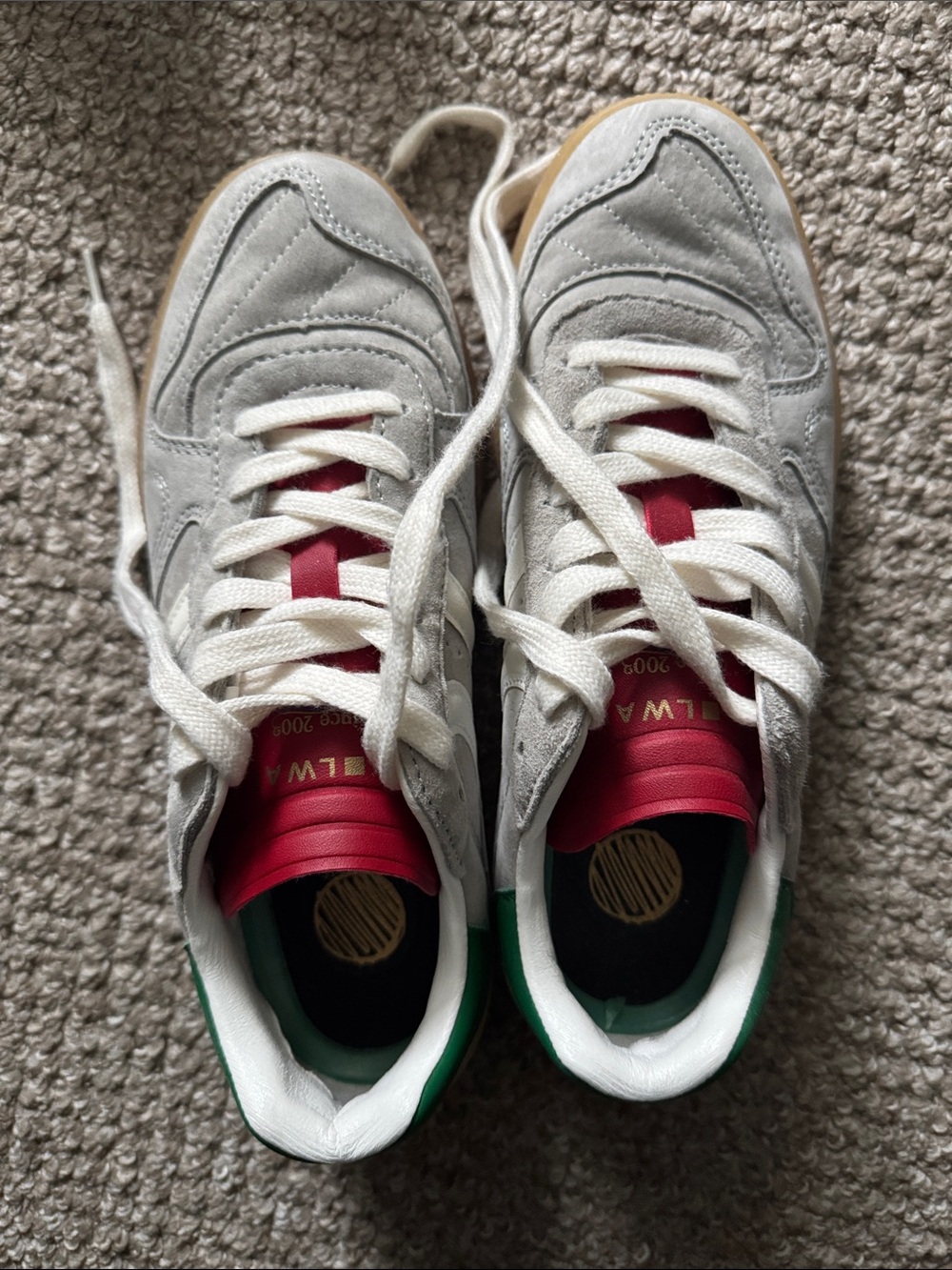 Coolway Goal sneakers Grey Suede with Red and Green Accents EUC